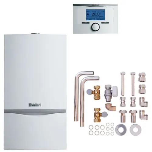 Vaillant Heizkessel in weiß, zusammen mit einem digitalen Thermostat und verschiedenen Anschluss- und Montagesets, geeignet für die Installation von Heizsystemen.